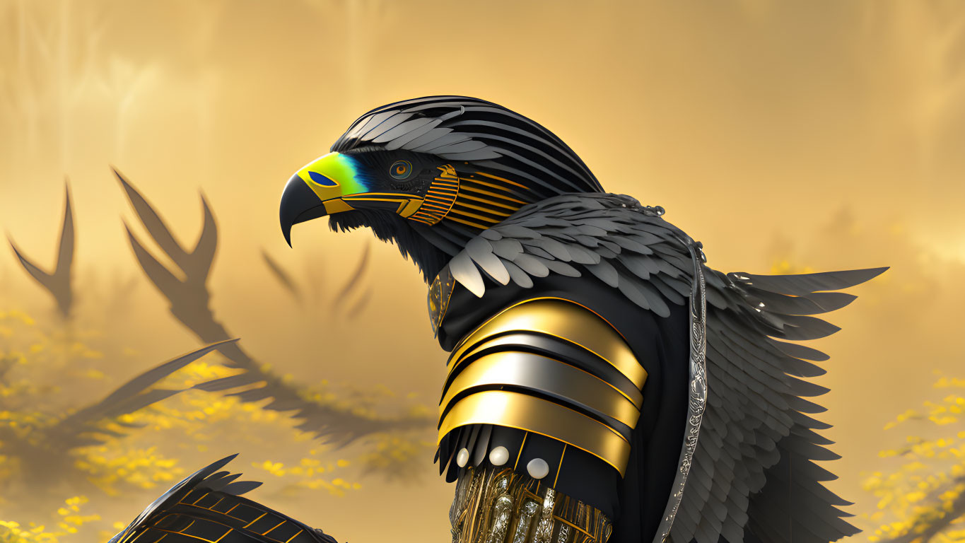 Mechanical eagle with metallic feathers against golden backdrop