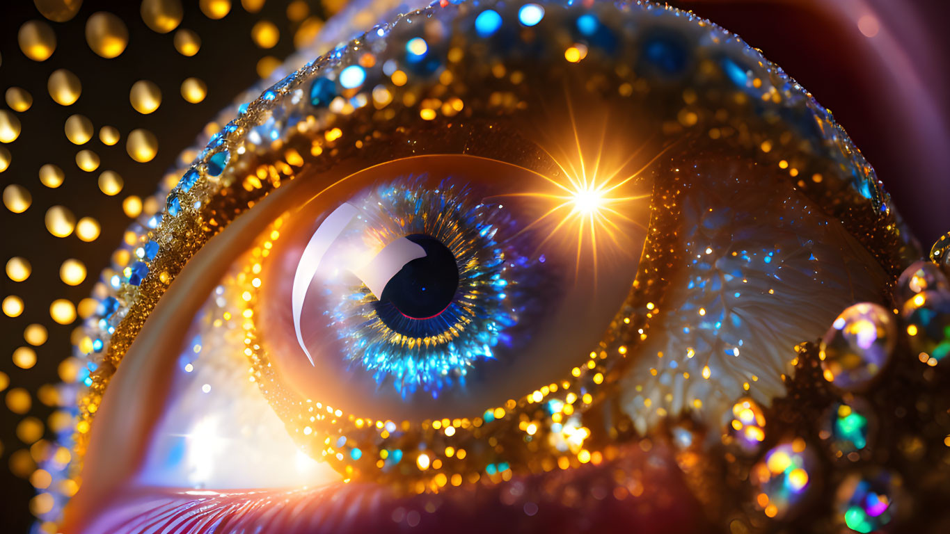 Glittering eye with golden lights and sparkles