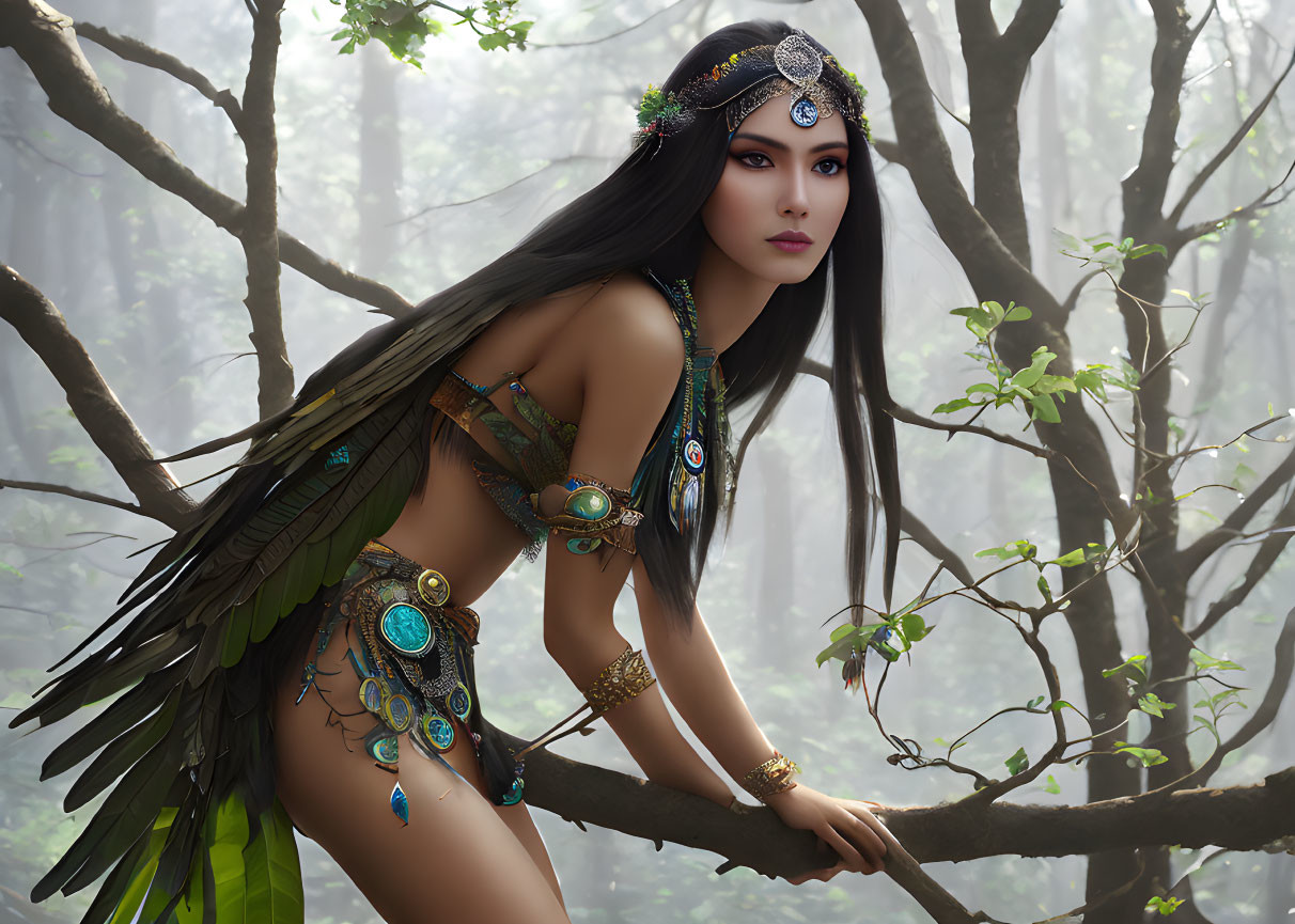 Dark-haired woman in peacock feather attire on misty forest branch