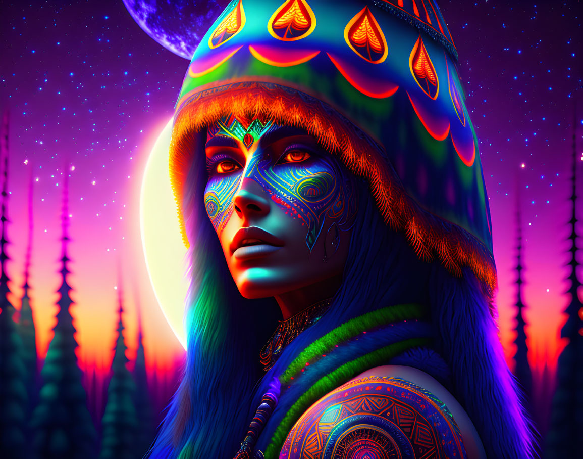 Colorful tribal face paint woman portrait in neon forest setting