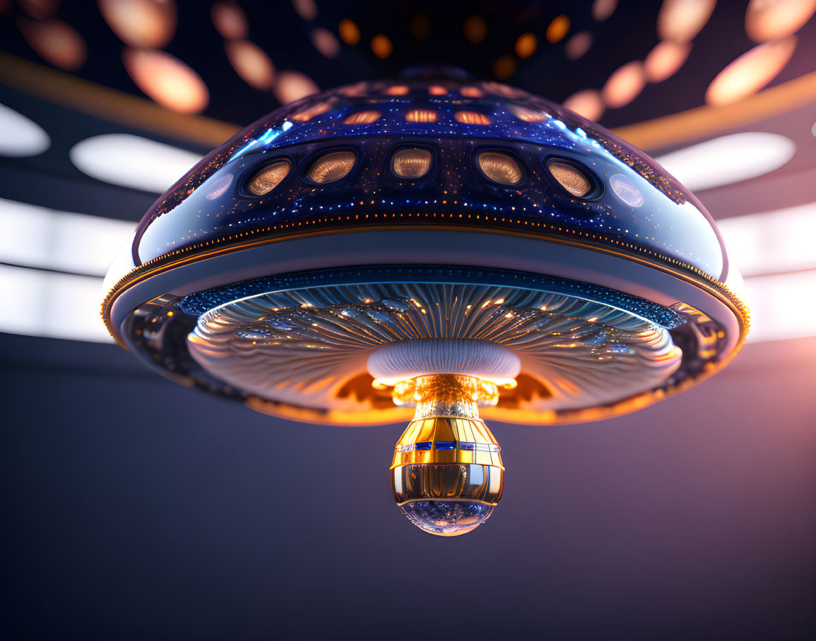 Detailed CGI illustration: Futuristic UFO with intricate designs, glowing lights, central spherical structure, against mo