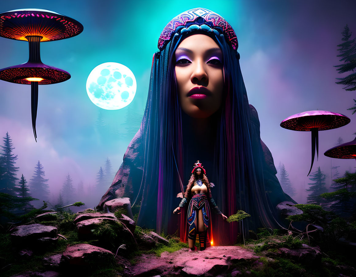 Giant woman's face over mystical forest with UFO-like mushrooms and small figure under glowing moon