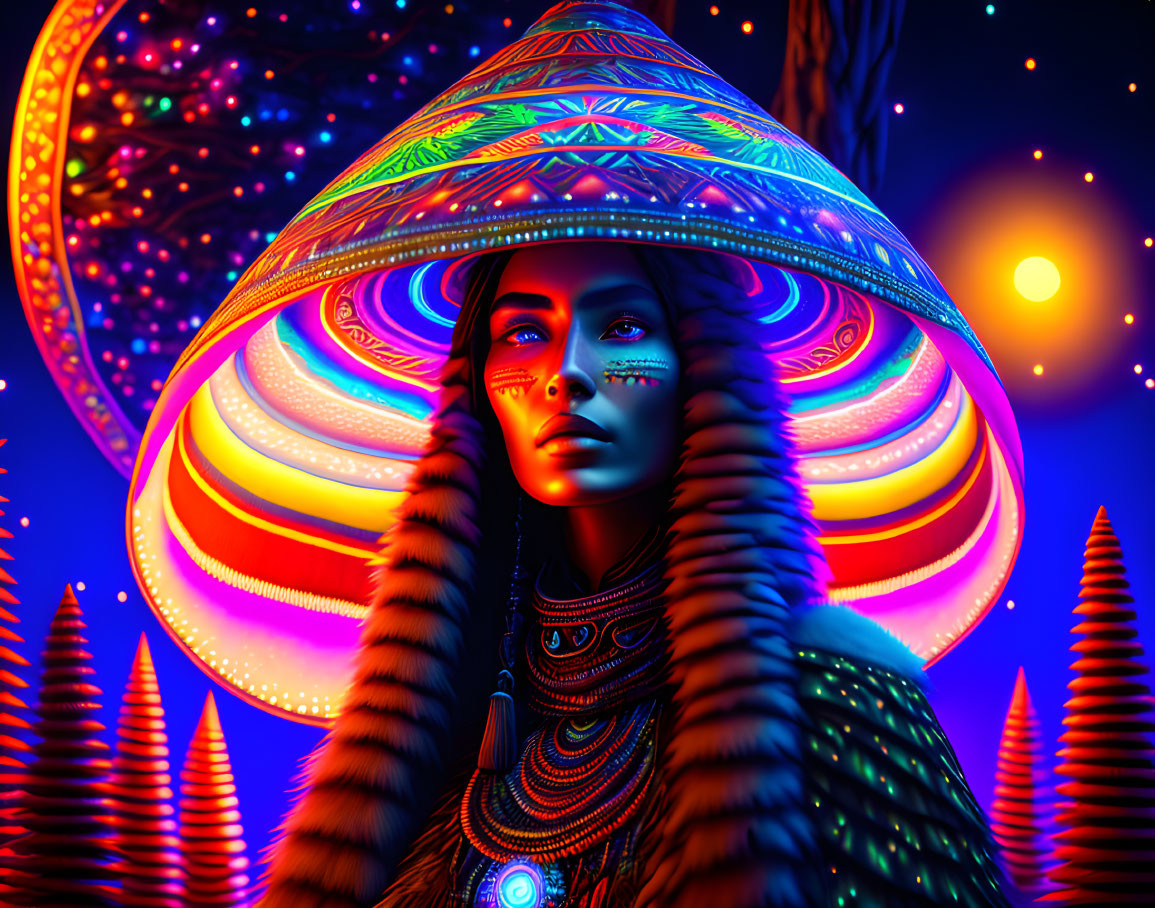 Colorful digital art: Woman in multicolored hat against cosmic background