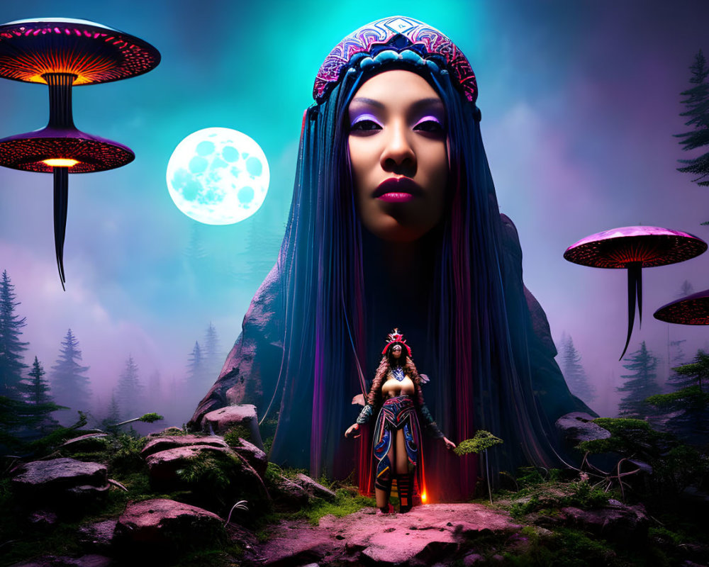 Giant woman's face over mystical forest with UFO-like mushrooms and small figure under glowing moon