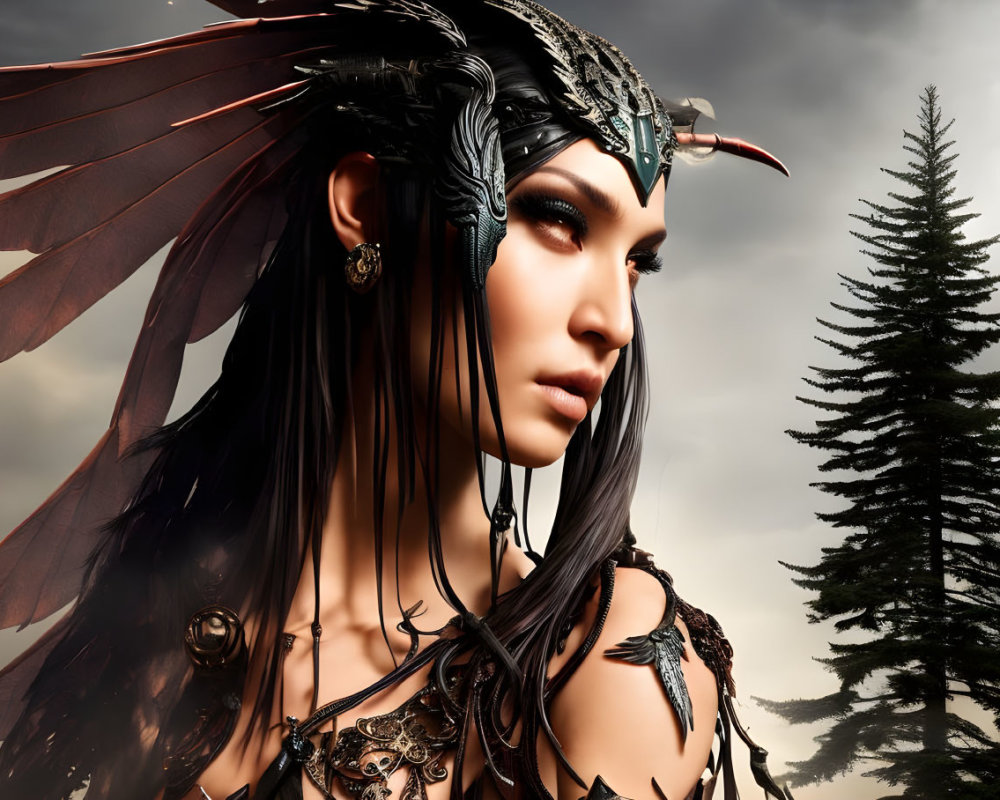 Fantasy female character with elfin features and intricate armor in digital artwork