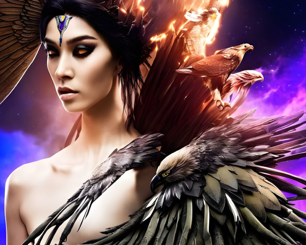 Fantasy-inspired image of woman with bird-themed headdress and fiery birds.