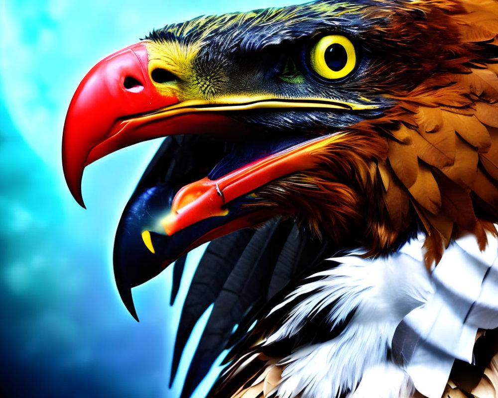 Majestic eagle with vibrant plumage and sharp beak on blue background