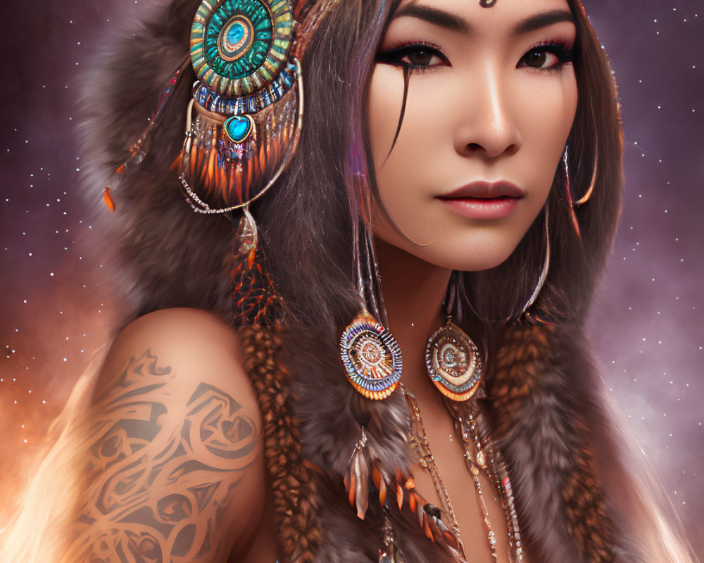 Woman with Striking Makeup and Feathered Headdress and Tribal Tattoos on Shoulder Against Starry Back