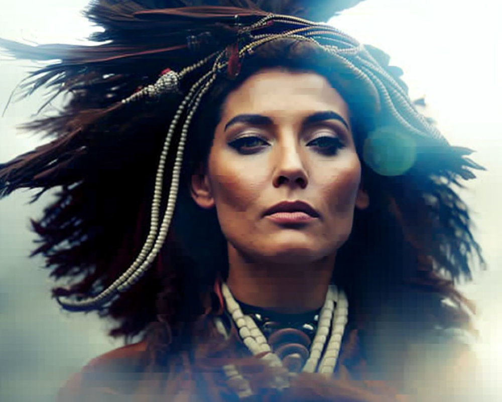 Woman in dramatic feathered headdress with intense expression on soft background