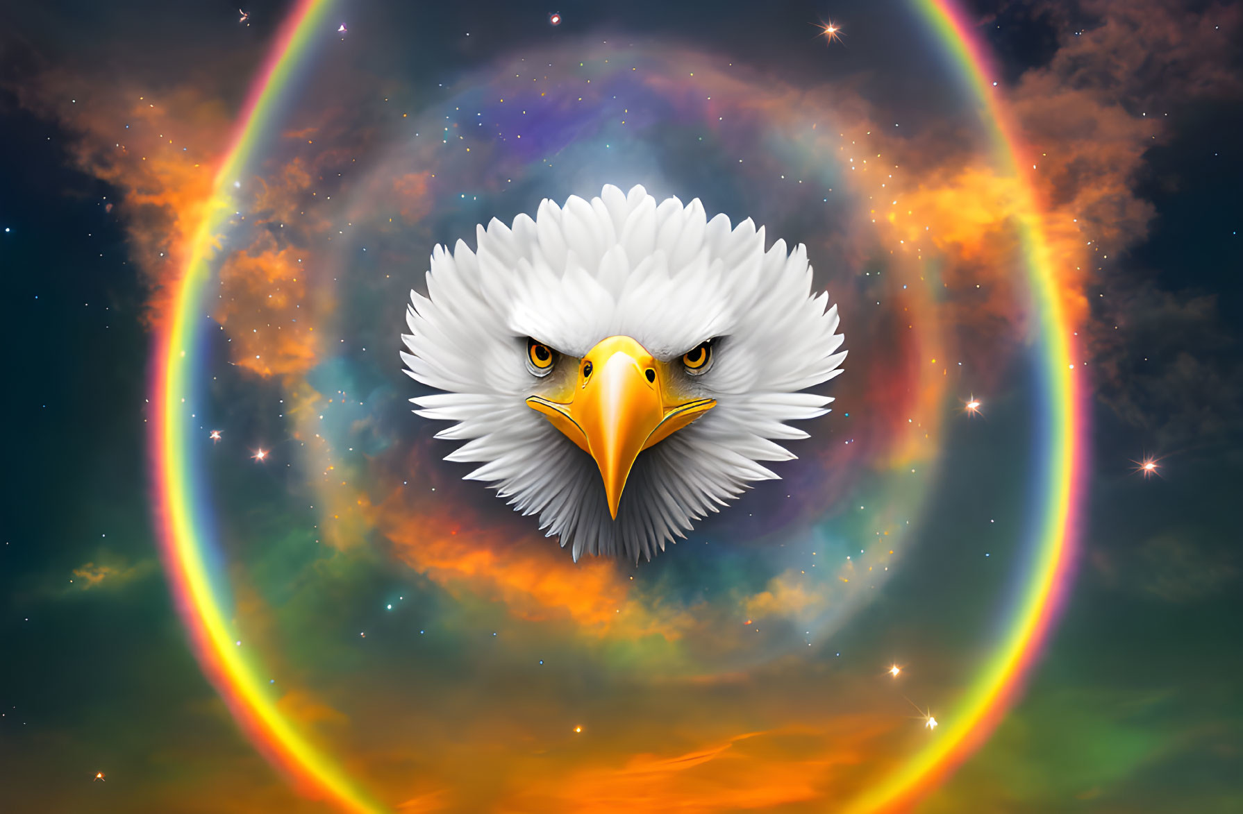 Bald Eagle's Face on Celestial Background with Rainbow Halo