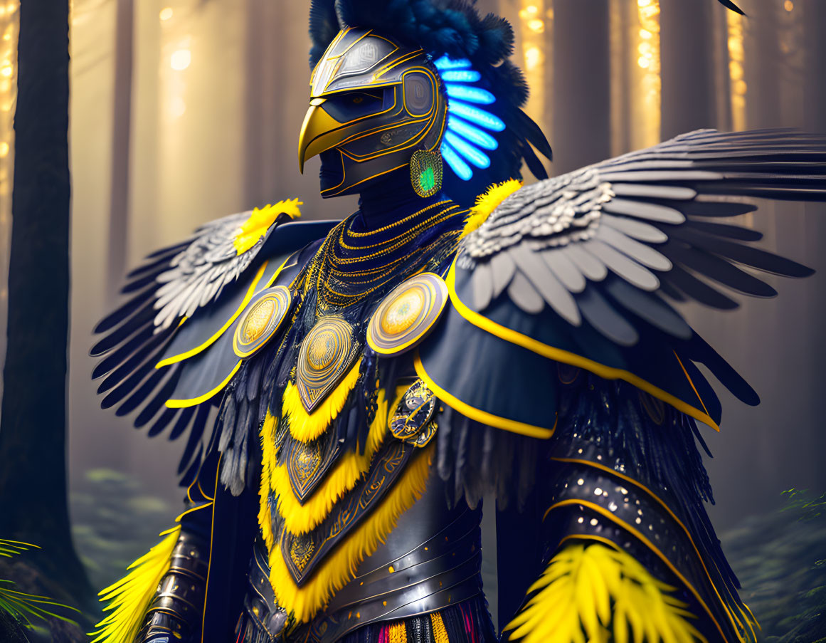 Warrior in bird-themed armor in forest with light beams