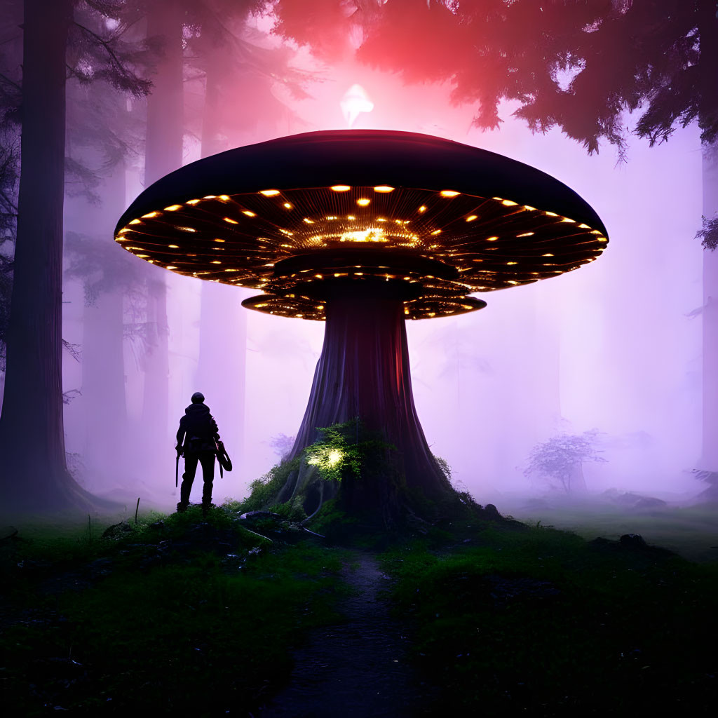 Person standing before giant glowing mushroom in misty forest.