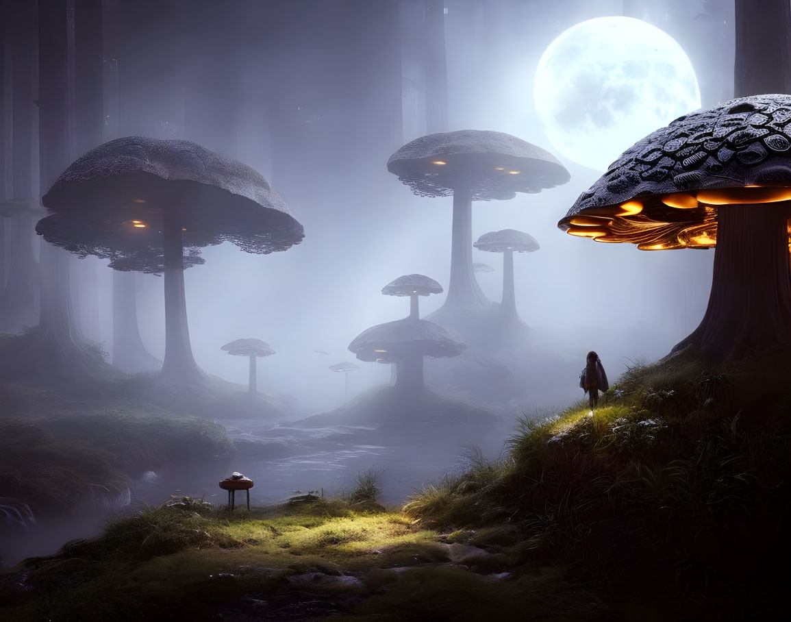 Person in mystical forest with oversized mushrooms under glowing moon