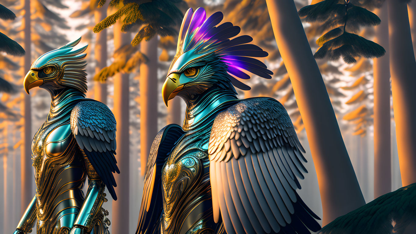 Metallic Eagle Sculptures Among Tall Pine Trees in Golden Light