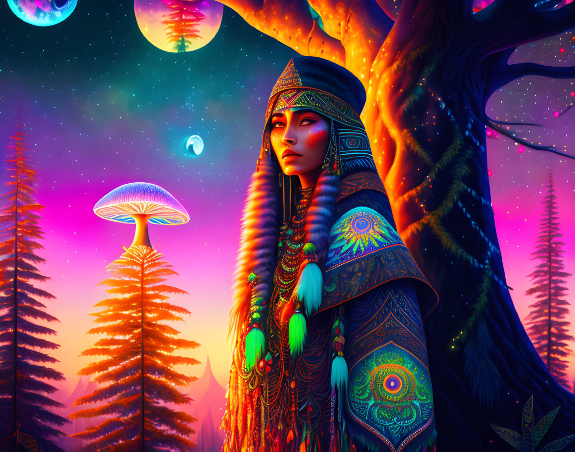 Colorful digital artwork of woman in tribal attire in neon-lit fantasy forest