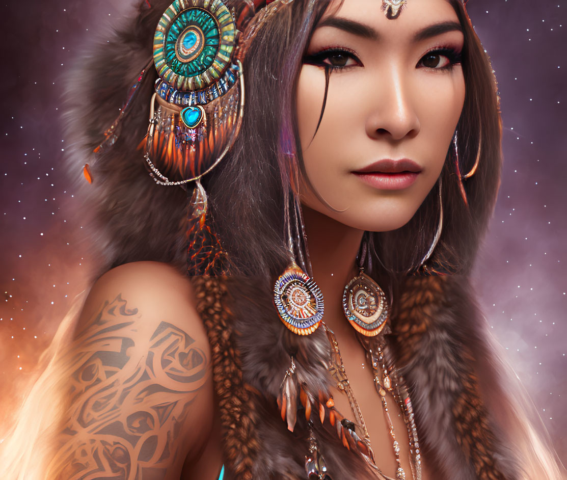 Woman with Striking Makeup and Feathered Headdress and Tribal Tattoos on Shoulder Against Starry Back