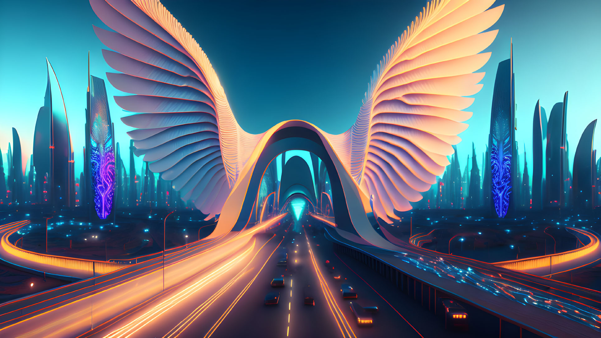 Futuristic cityscape with illuminated buildings and winged structure over highway at twilight