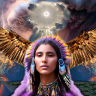 Digital artwork: Woman in indigenous attire with wings, set against dramatic sky and landscape