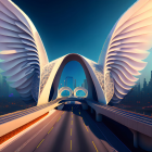 Futuristic cityscape with illuminated buildings and winged structure over highway at twilight