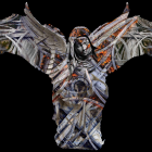 Ethereal digital artwork: Angelic figure with glowing wings & crown on dark background