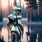 Futuristic robot admiring misty lake at sunrise or sunset