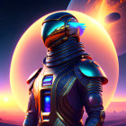 Armored futuristic figure in visor on vibrant alien landscape