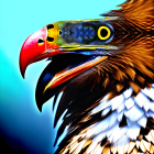 Majestic eagle with vibrant plumage and sharp beak on blue background