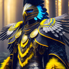 Warrior in bird-themed armor in forest with light beams