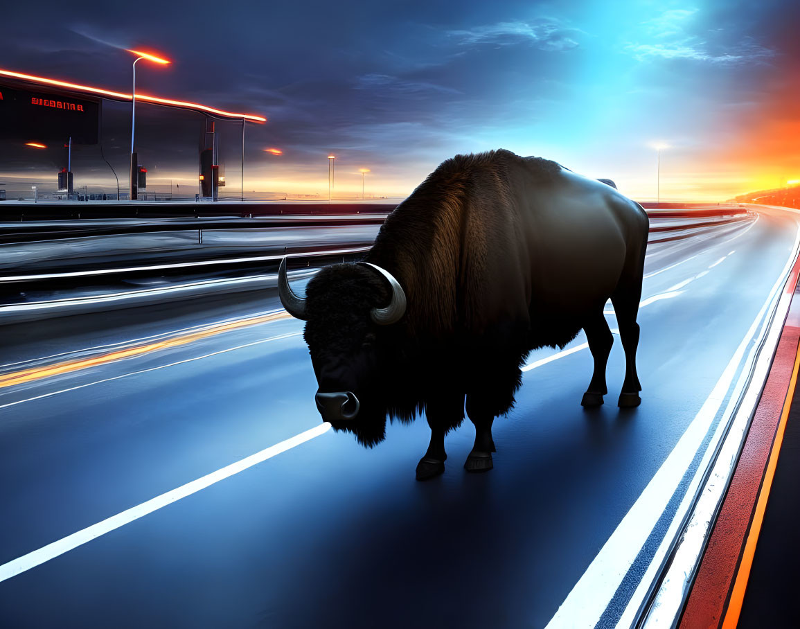 Bison on illuminated highway at sunset