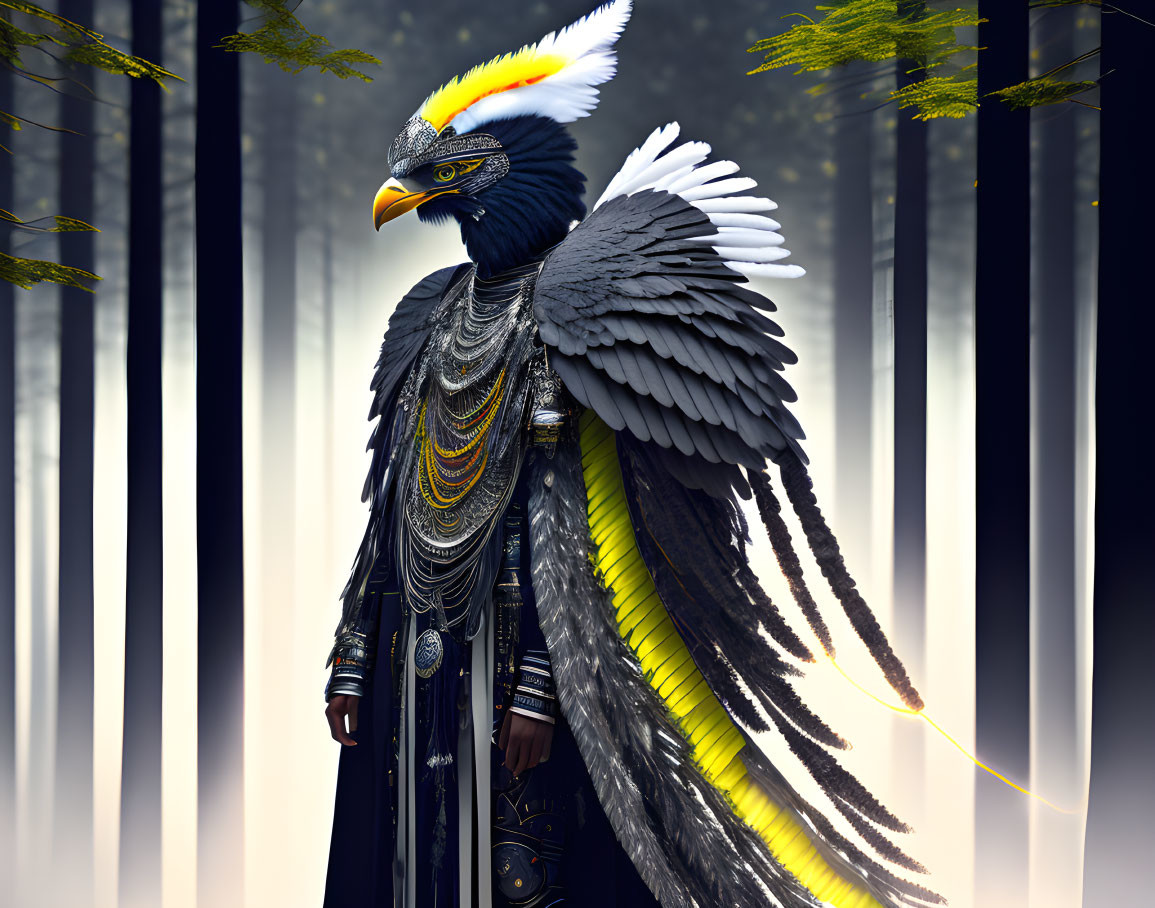 Majestic anthropomorphic eagle in ornate armor and headdress in misty forest