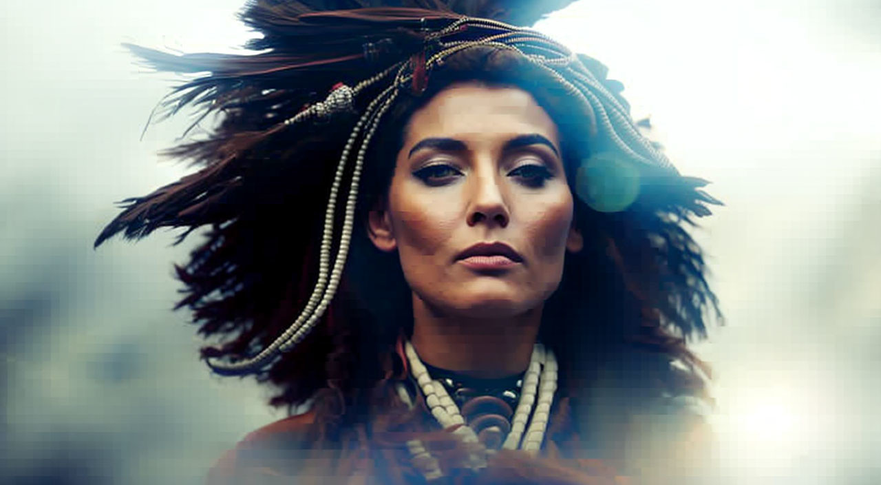 Woman in dramatic feathered headdress with intense expression on soft background