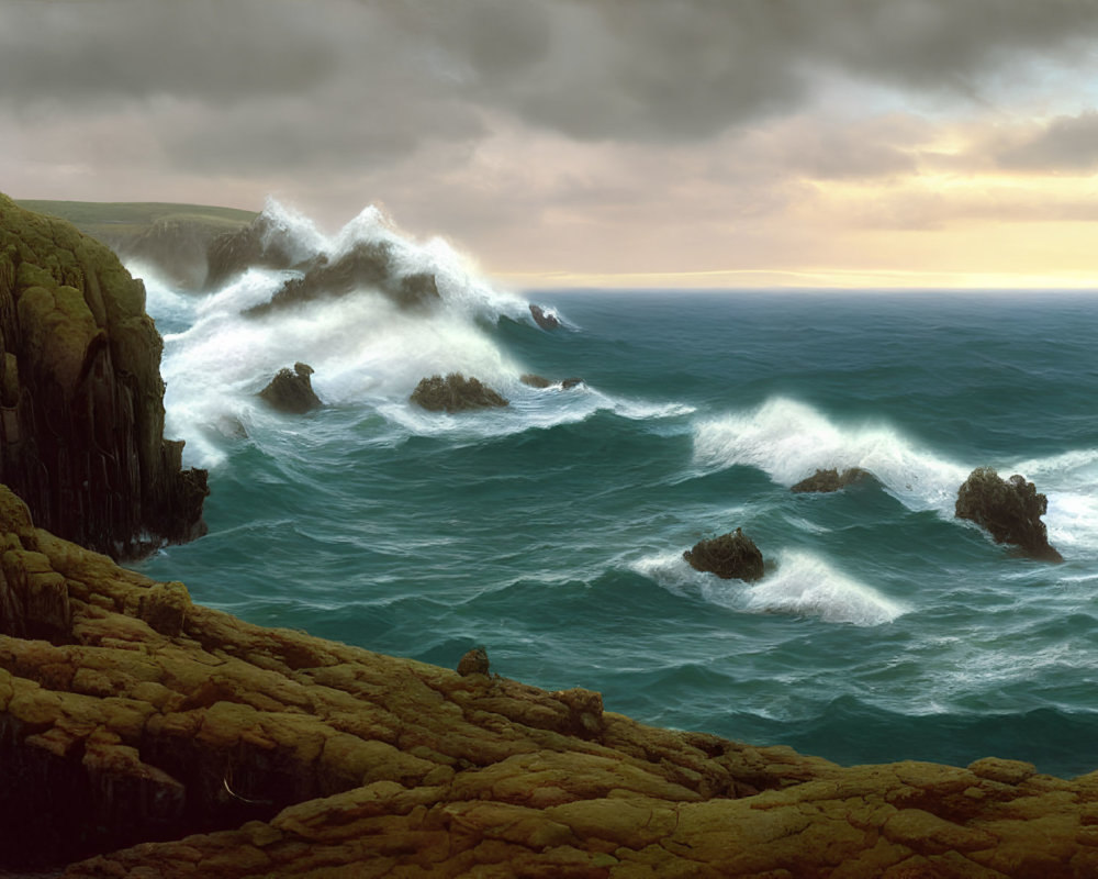 Stormy Sea Waves Crashing on Rocky Cliffs under Cloudy Sky