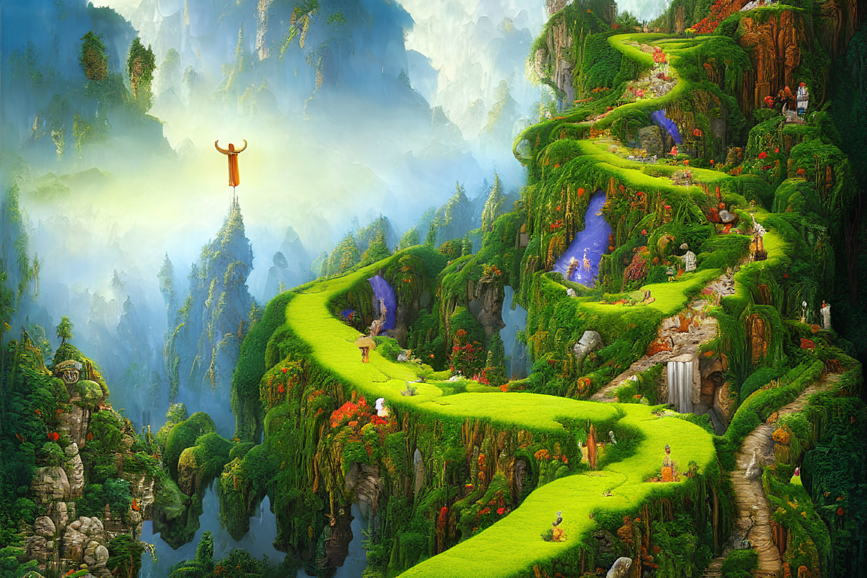 Fantasy landscape with winding pathways, waterfalls, lush greenery, and mysterious structure