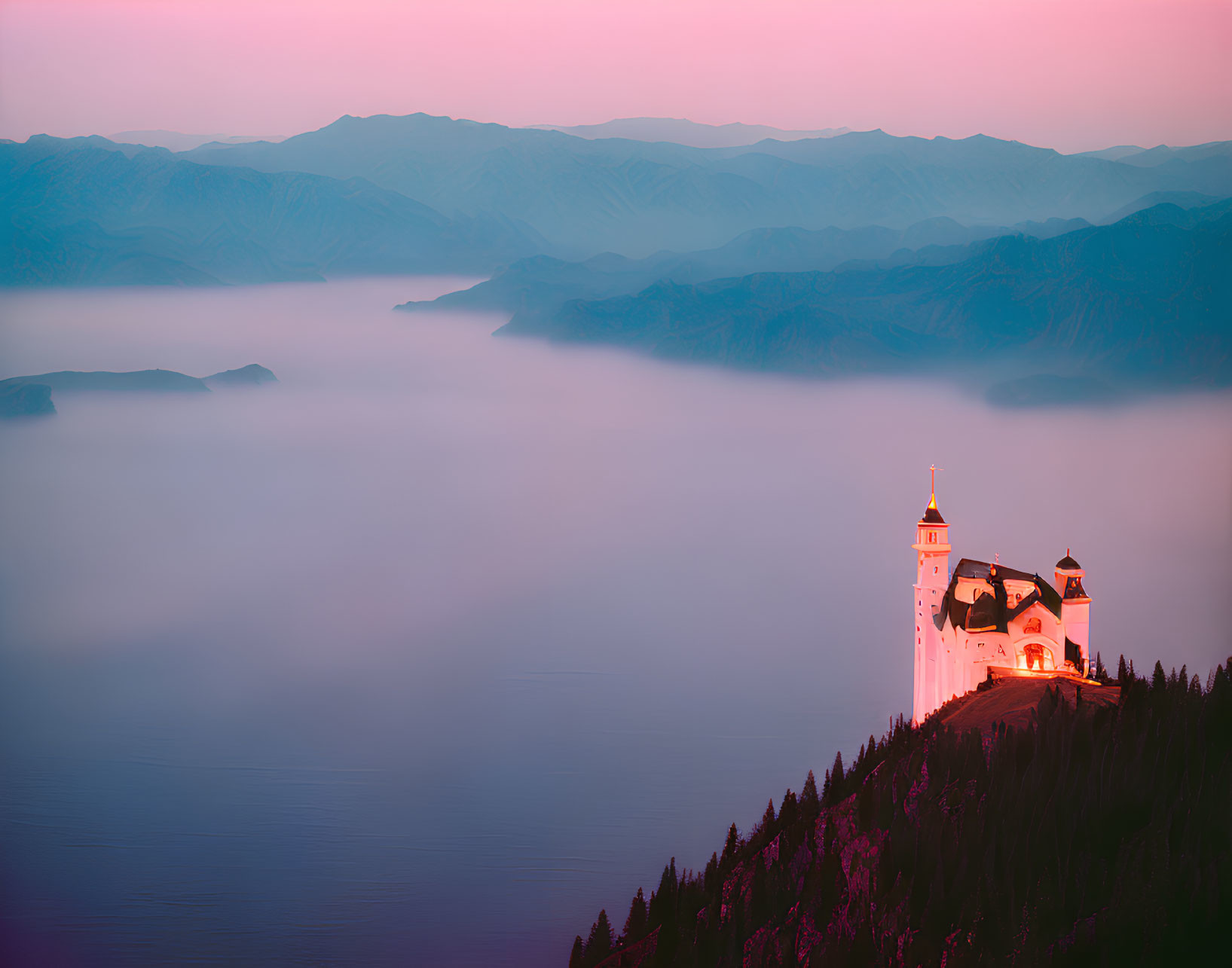 Mountain landscape at dusk with church on cliff, misty hills, pink sky