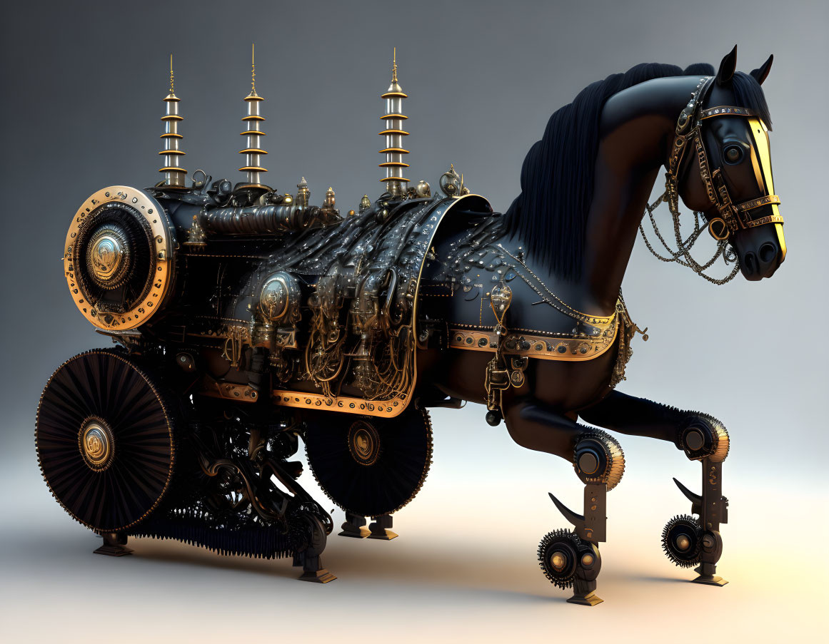 Steampunk horse digital artwork with intricate mechanical elements