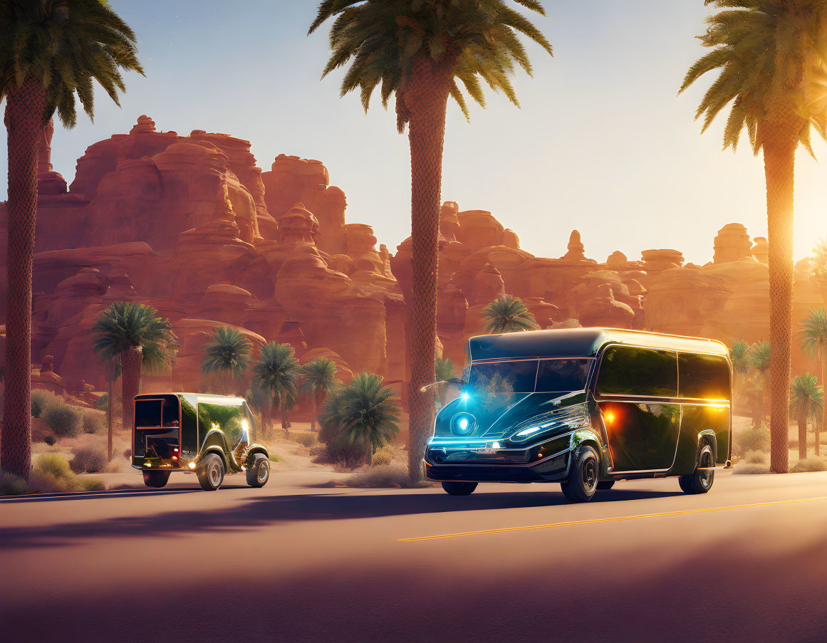 Autonomous Vehicles on Desert Road at Sunset