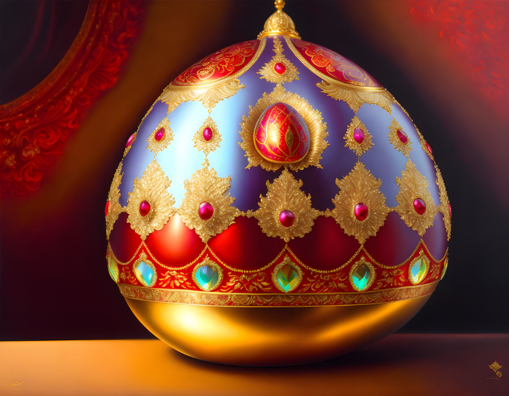 Intricate Gold Patterns on Decorative Egg with Red Gems