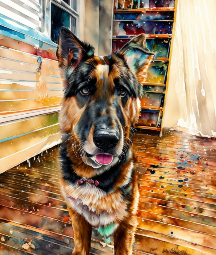 Photorealistic German Shepherd painting with multicolored fur in cosmic interior