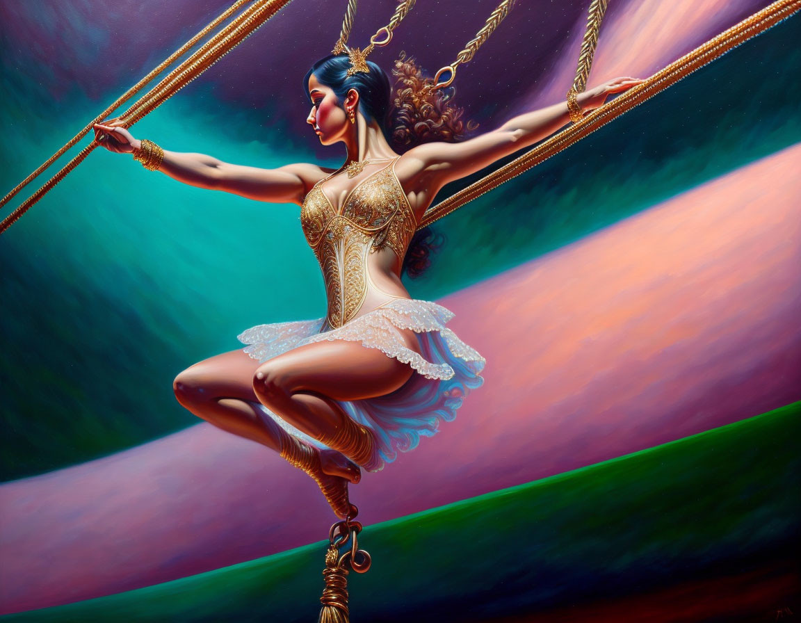 Woman in ornate costume poses on swing against vivid red and green backdrop