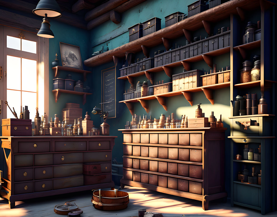 Vintage Apothecary with Wooden Drawers, Bottles, Chalkboard, and Sunlit