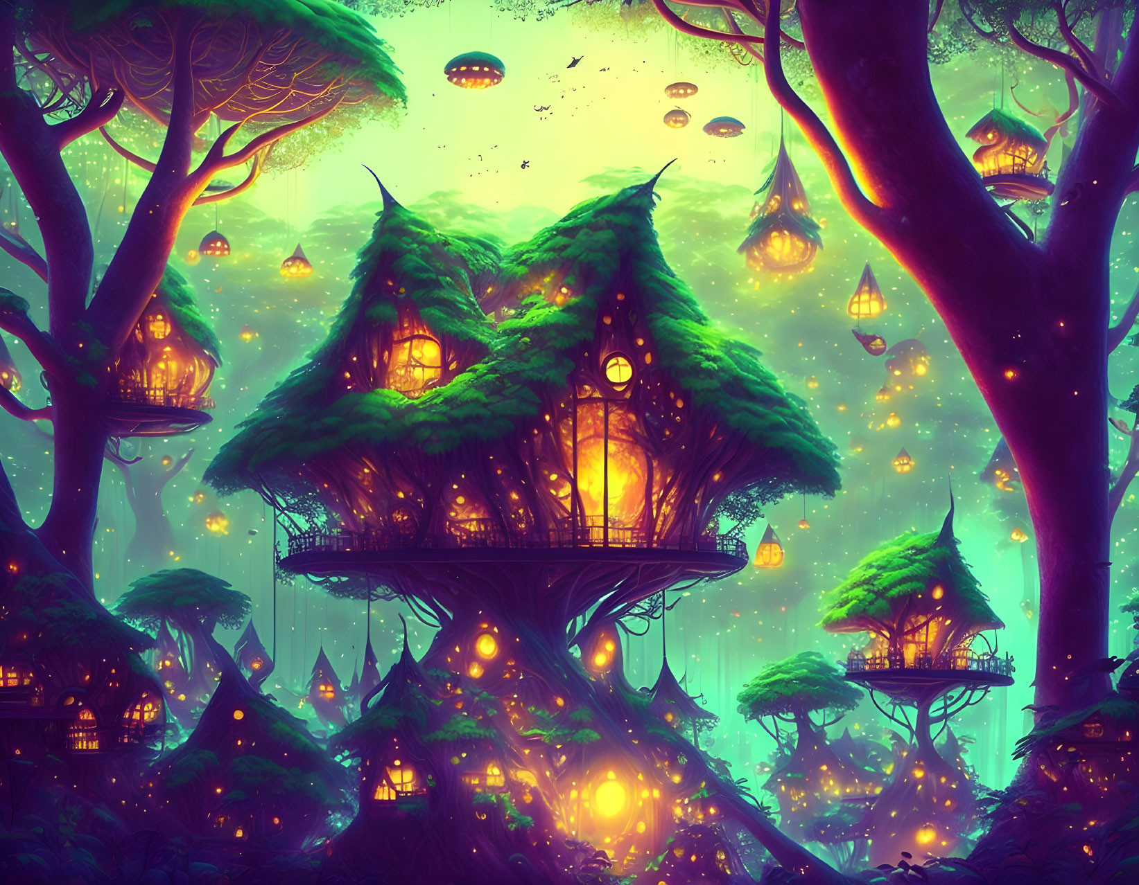 Enchanting Fantasy Forest with Glowing Lanterns and Treehouses