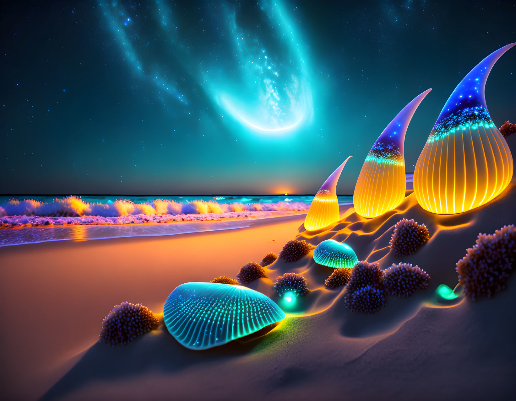 Surreal Beach Night Scene with Glowing Shell-like Structures