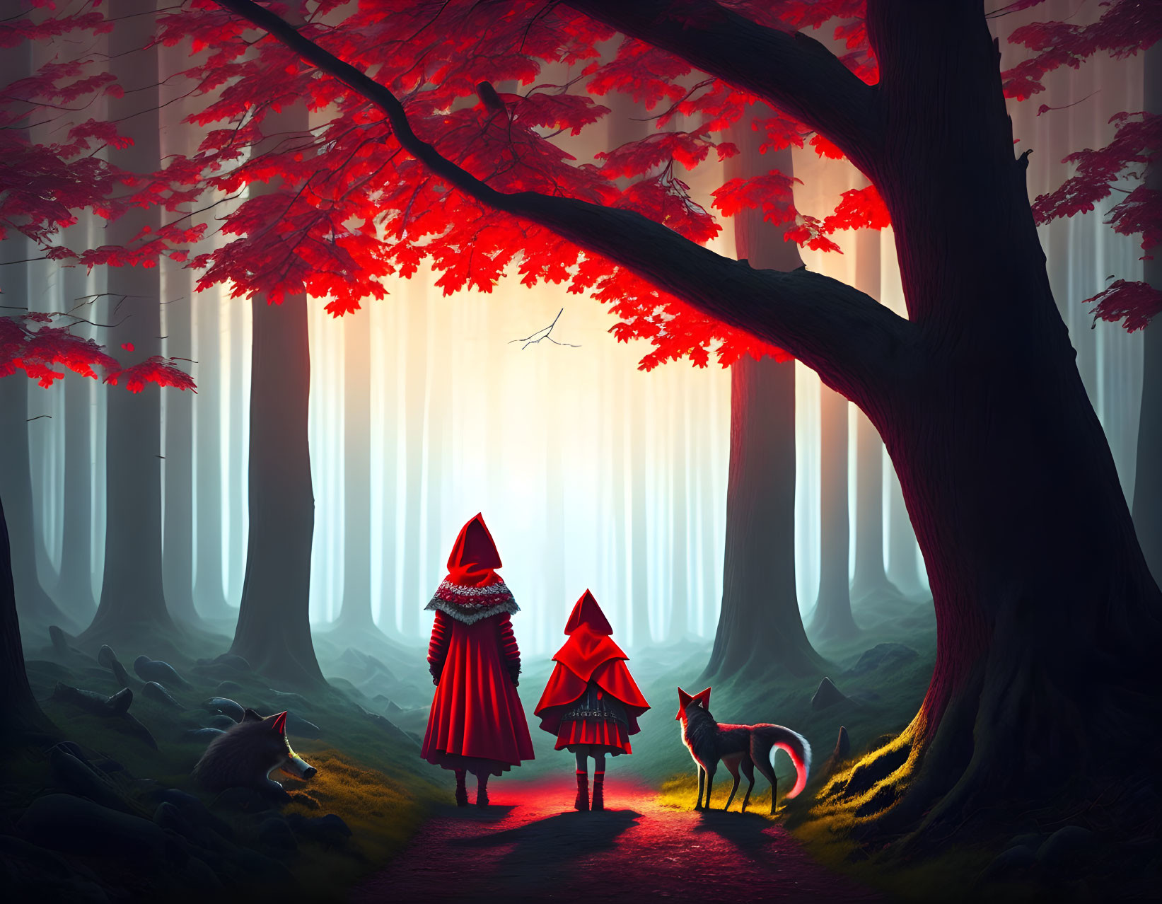 Enchanted forest scene with figures in red cloaks and wolves under red canopy