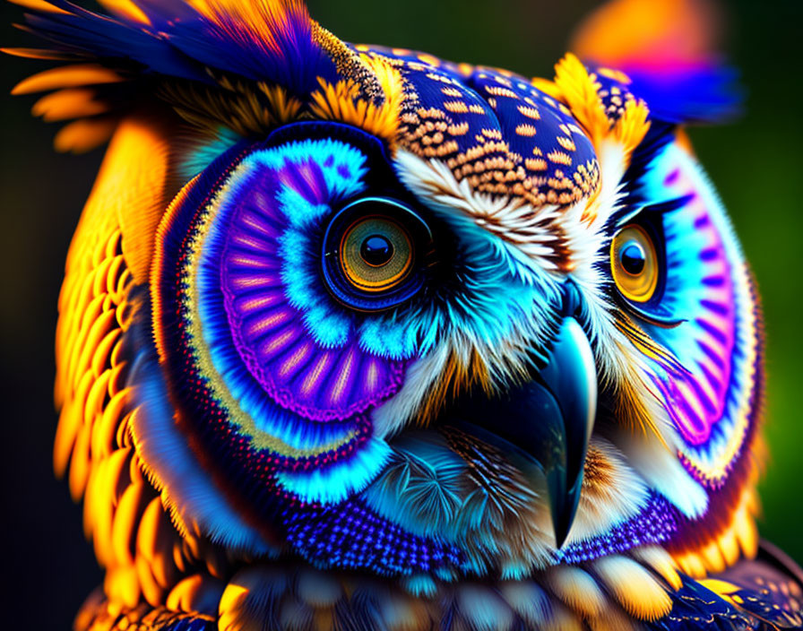 Colorful Owl Digital Artwork with Blue, Purple, Orange, and Yellow Patterns