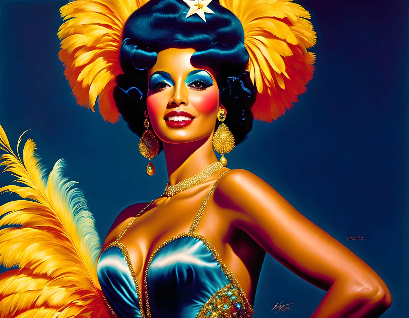 Colorful illustration of woman in theatrical makeup and feathered headpiece.