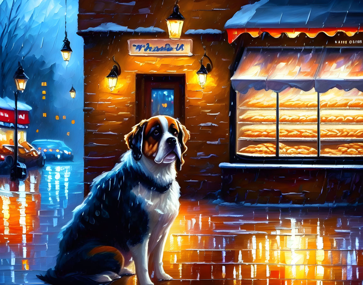 Saint Bernard dog in twilight with glowing shop windows and falling snow