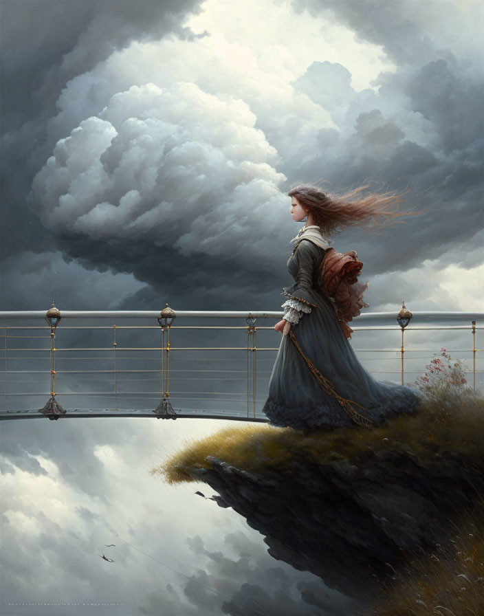 Historical dress woman on cliff gazes into distance with dramatic sky