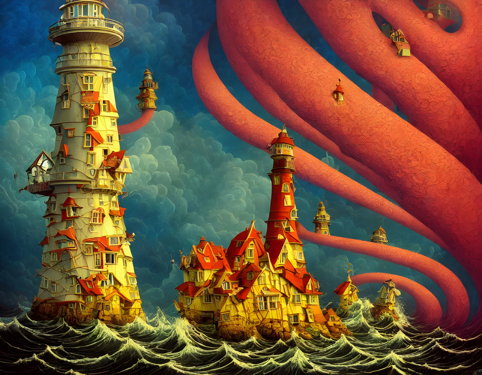 Whimsical lighthouse surrounded by annexes and smaller structures in stormy seas with red tentacles