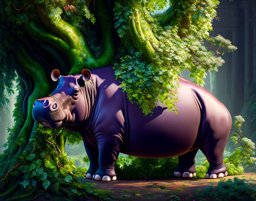 Curious cartoon hippopotamus in lush forest scenery