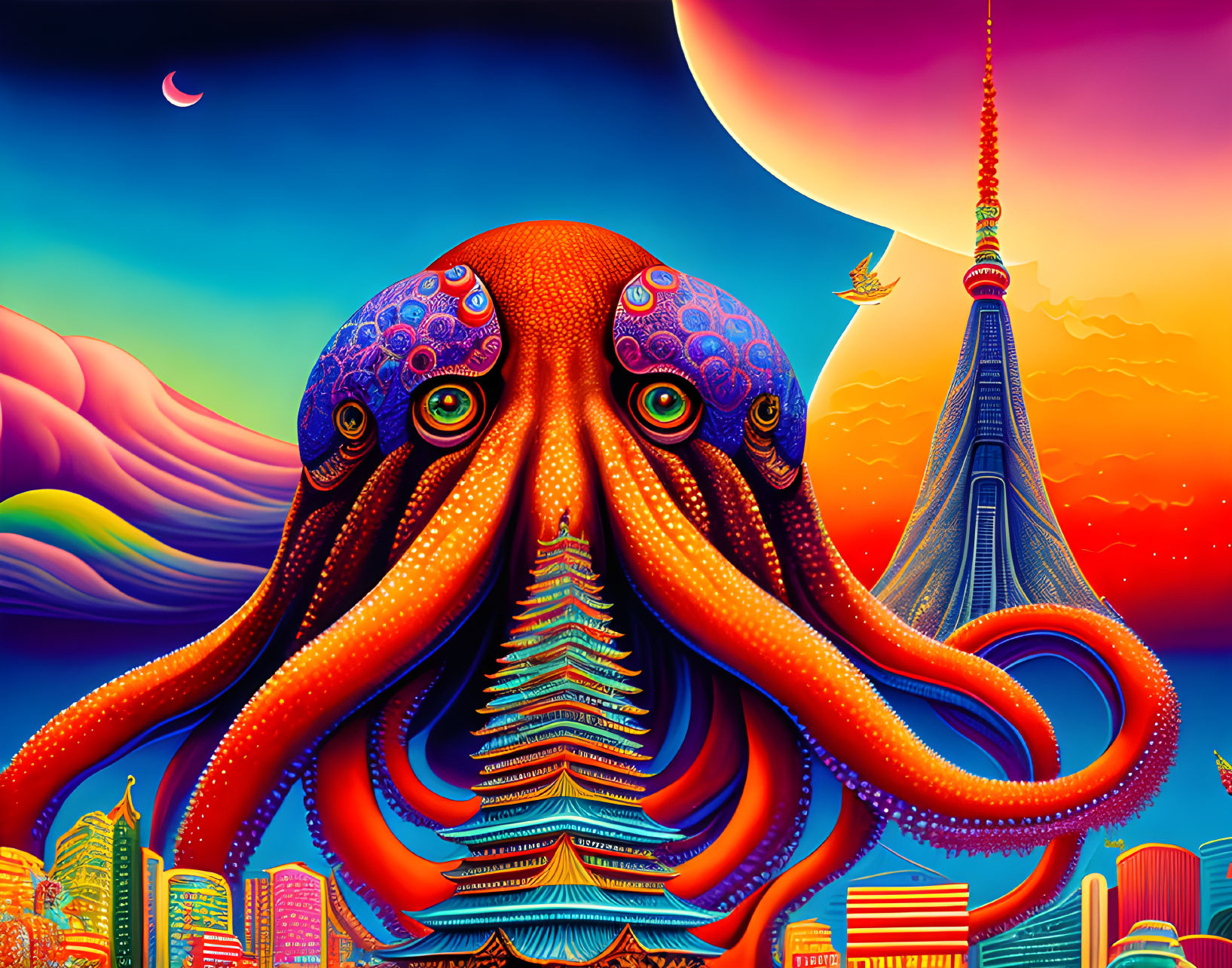 Colorful digital artwork: Giant octopus over cityscape with pagoda and crescent moon